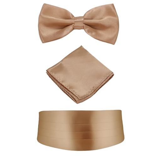 JewelryWe Herren Kummerbund mit Fliege und Einstecktuch: 3er Set Khaki Verstellbar Satin Hüftgürtel Fliege mit Einstecktuch Accessoires Smoking Hemd Anzug Zubehör für Hochzeit Party von JewelryWe