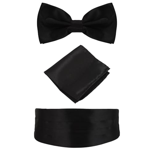 JewelryWe Herren Kummerbund mit Fliege und Einstecktuch: 3er Set Schwarz Verstellbar Satin Hüftgürtel Fliege mit Einstecktuch Accessoires Smoking Hemd Anzug Zubehör für Hochzeit Party von JewelryWe