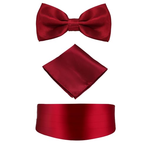 JewelryWe Herren Kummerbund mit Fliege und Einstecktuch: 3er Set Weinrot Verstellbar Satin Hüftgürtel Fliege mit Einstecktuch Accessoires Smoking Hemd Anzug Zubehör für Hochzeit Party von JewelryWe