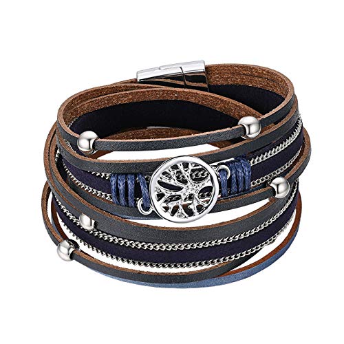 JewelryWe Herren Lederarmband Wickelarmband Punk Lebensbaum Baum des Lebens Boho Multilayer Geflochtene Leder Armband Armreif Wickelarmband Manschette mit Magnetverschluss von JewelryWe