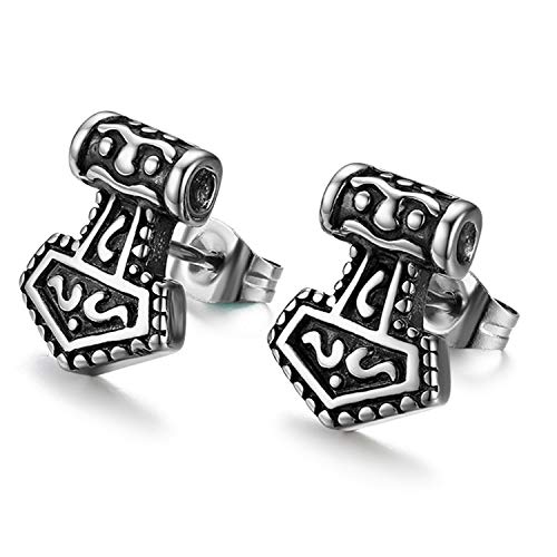 JewelryWe Herren Ohrstecker, Edelstahl Retro Thors Hammer Ohrringe Mjöllnir Ohrschmuck, Schwarz Silber von JewelryWe