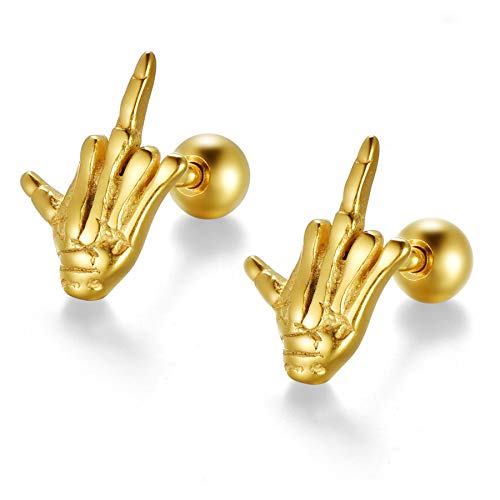 JewelryWe Herren Ohrstecker, Mittelfinger Skelett Ohrringe Ohrpiercing Hand Gotik Punk Schmuck Silber Gold Schwarz Geschenk für Halloween von JewelryWe