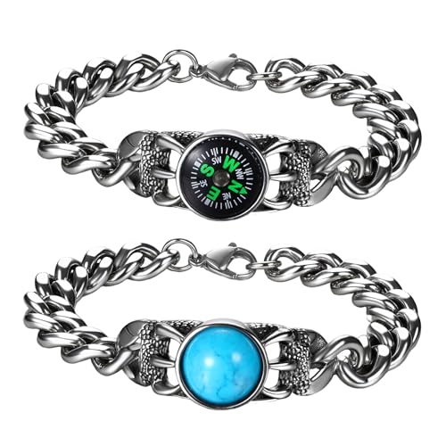 JewelryWe Herren Panzerkette Armband 2er Set: Edelstahl Wolfsklaue Kubanische Kette Armkette mit Türkis & Kompass Verstellbares Kettenarmband Hip Hop Punk Schmuck Geschenk für Männer Junge Teenager von JewelryWe