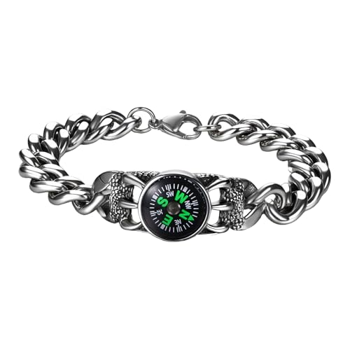 JewelryWe Herren Panzerkette Armband mit Kompass: Edelstahl Wolfskralle Kubanische Kette Armkette Verstellbares Kettenarmband Hip Hop Punk Schmuck Abschlussgeschenk für Männer Junge Teenager von JewelryWe