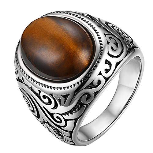 JewelryWe Herren-Ring, Oval Tiger-Auge Edelstahl, Retro Klasische geschnitzt Blumen Muster Ring Band, Silber - Größe 54 von JewelryWe