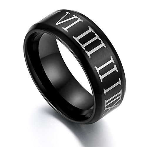 JewelryWe Römische Ziffern Ring Herren: 8mm Breit Klassische Edelstahl Herren-Ring mit Großen Römischen Zahlen Schwarz Fingerring Bandring Hochzeit Verlobung Band Schmuck Geschenk Männer Größe 62 von JewelryWe