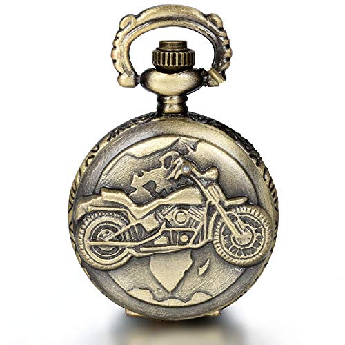 JewelryWe Herren Taschenuhr, Retro Motorrad Uhr Anhänger Analog Quarz Kettenuhr Pullover Halskette Kette für Vatertag von JewelryWe