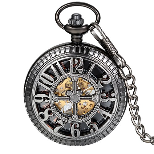 JewelryWe Herren Taschenuhr Retro Kreuz arabische Zahlen Handaufzug mechanische Kettenuhr Skelett Uhr mit Halskette Kette Umhängeuhr Schwarz von JewelryWe