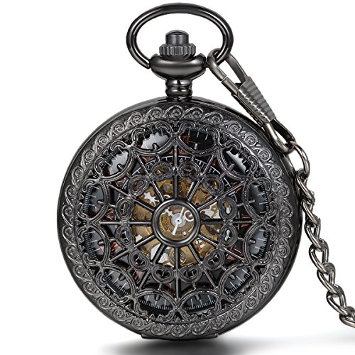 JewelryWe Herren Taschenuhr Retro Spinnennetz Design Handaufzug mechanische Kettenuhr Skelett Uhr mit Halskette Kette Umhängeuhr Schwarz von JewelryWe