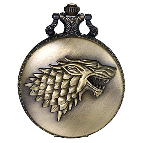JewelryWe Herren Taschenuhr Vintage 3D Wolf Wolfskopf Quarz Analog Uhr mit Kette Halskette Bronze Geschenk von JewelryWe