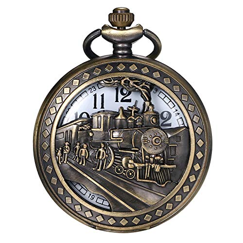 JewelryWe Herren Taschenuhr Vintage Antike 3D Lokomotive Dampf Zug Eisenbahn Hohle Openwork Quarz Analog Uhr mit Kette Halskette Bronze Geschenk von JewelryWe