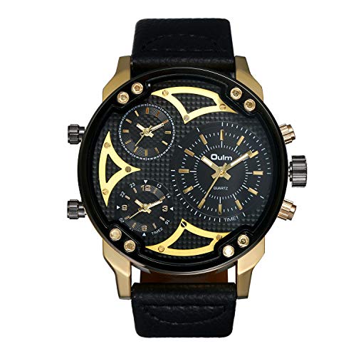 JewelryWe Herren Übergroße Armbanduhr DREI Zeitzone Analog Quarz Uhr Leder Band Sportuhr mit schwarzem Zifferblatt von JewelryWe