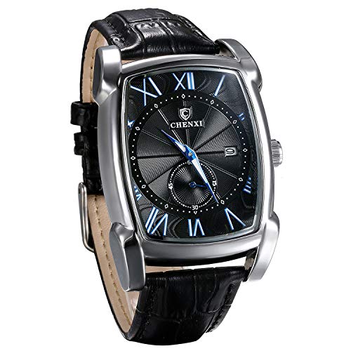 JewelryWe Herren Uhren Analog Quarz Kalender 30M wasserdichte Armbanduhr Römischen Ziffern Rechteckige Geschäfts Beiläufige Uhr mit Echtleder Leder Armband, Schwarz Zifferblatt von JewelryWe