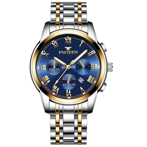 JewelryWe Herren Uhren Edelstahl Leuchtzeiger: Datum Kalender 30m Wasserdicht Analog Quarz Männer Armbanduhr Herrenuhr mit Blau Römischen Ziffern Zifferblatt und Gold/Silber Edelstahl Armband von JewelryWe