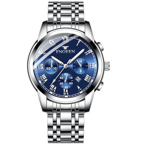 JewelryWe Herren Uhren Edelstahl Leuchtzeiger: Datum Kalender 30m Wasserdicht Analog Quarz Männer Armbanduhr Herrenuhr mit Blau Römischen Ziffern Zifferblatt und Silber Edelstahl Armband von JewelryWe