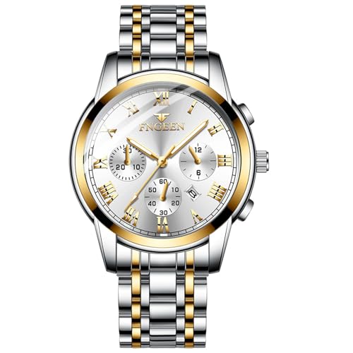 JewelryWe Herren Uhren Edelstahl Leuchtzeiger: Datum Kalender 30m Wasserdicht Analog Quarz Männer Armbanduhr Herrenuhr mit Weiß Römischen Ziffern Zifferblatt und Gold/Silber Edelstahl Armband von JewelryWe