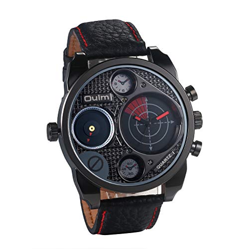 JewelryWe Herren Uhren Quarz Analog Zwei Zeitzone Armbanduhr Männer Leder Band Sportuhr Uhr mit großem Radarartigen Zifferblatt von JewelryWe