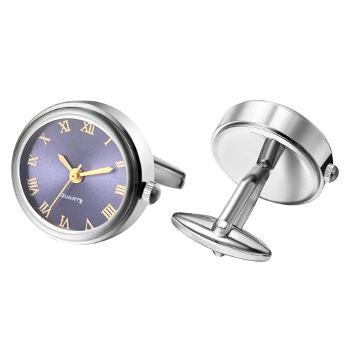 JewelryWe Herren Uhren mit Manschettenknöpfen Taschenuhr: Silber Analog Quarz Manschettenknopfuhr Blau Runde Römische Ziffern Zifferblatt Uhr Cufflink Watch Geschenk für Männer von JewelryWe