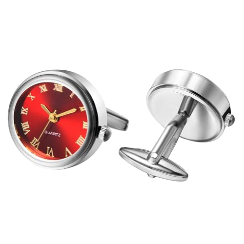 JewelryWe Herren Uhren mit Manschettenknöpfen Taschenuhr: Silber Analog Quarz Manschettenknopfuhr Rot Runde Römische Ziffern Zifferblatt Uhr Cufflink Watch Geschenk für Männer von JewelryWe