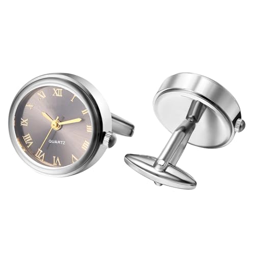 JewelryWe Herren Uhren mit Manschettenknöpfen Taschenuhr: Silber Analog Quarz Manschettenknopfuhr Schwarz Runde Römische Ziffern Zifferblatt Uhr Cufflink Watch Geschenk für Männer von JewelryWe