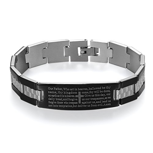 JewelryWe Herrenarmband, 22cm Charme Englisch Bibel Gebet Kreuz religiös Design, Edelstahl, schwarz Silber von JewelryWe