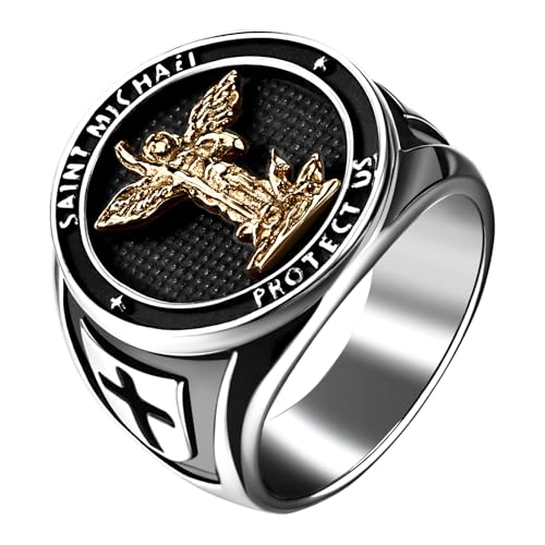 JewelryWe Herrenring Saint Michael Ring: Herren Edelstahl Heiliger Michael Erzengel Kreuz Runder Siegelring Katholischer Schutz Amulett Fingerring Religiöser Schmuck Geschenk Gold Silber Größe 70 von JewelryWe