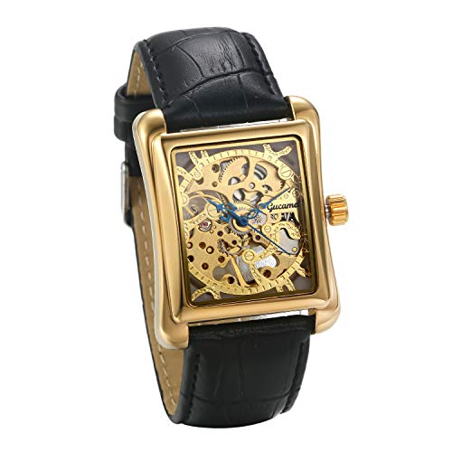 JewelryWe Herrenuhr Analog Automatik Uhr Automatische Mechanische Leder Band Rechteck Skelett Armbanduhr Automatikuhr, Gold von JewelryWe
