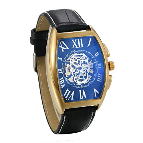 JewelryWe Herrenuhr Analog Automatik Uhr Automatische Mechanische Leder Band Totenkopf Schädel Skelett Armbanduhr Automatikuhr mit Rechteckig Römischen Ziffern Zifferblatt, Gold von JewelryWe