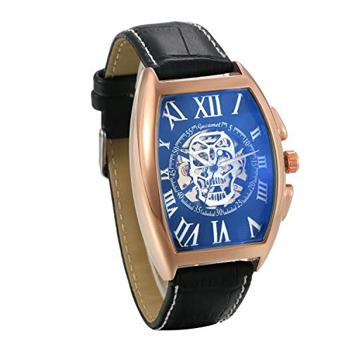 JewelryWe Herrenuhr Analog Automatik Uhr Automatische Mechanische Leder Band Totenkopf Schädel Skelett Armbanduhr Automatikuhr mit Rechteckig Römischen Ziffern Zifferblatt, Rosegold von JewelryWe