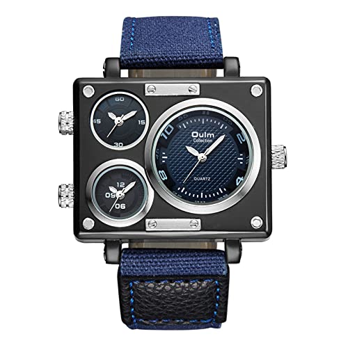 JewelryWe Herrenuhr Analog Quarz DREI Zeitzone Armbanduhr Männer Leder Armband Übergroße Quadrat Casual Uhr Sportuhr Blau von JewelryWe