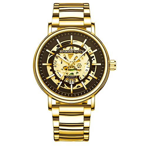 JewelryWe Herrenuhr Analog Quarz Datum Kalender Armbanduhr Herren Klassische 30m wasserdichte Geschäft Beiläufige Skelett Uhr mit Edelstahl Armband und Werkzeug für Männer Junge Gold von JewelryWe