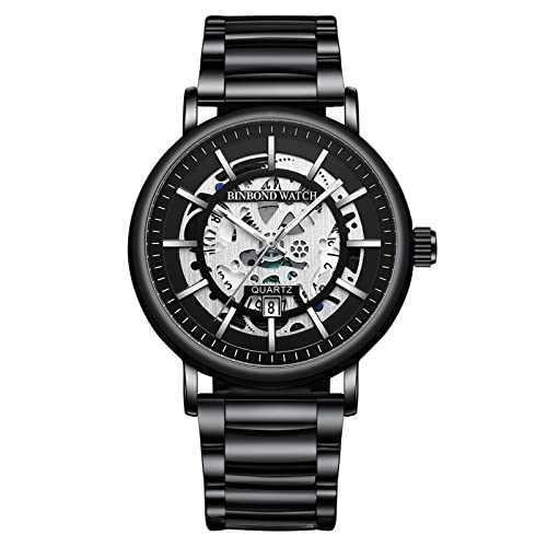 JewelryWe Herrenuhr Analog Quarz Datum Kalender Armbanduhr Herren Klassische 30m wasserdichte Geschäft Beiläufige Skelett Uhr mit Edelstahl Armband und Werkzeug für Männer Junge Schwarz von JewelryWe