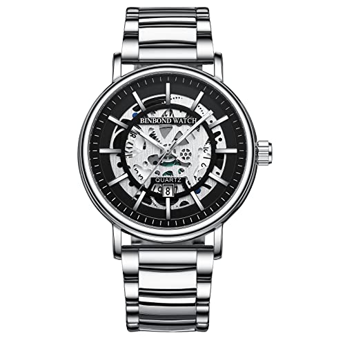 JewelryWe Herrenuhr Analog Quarz Datum Kalender Armbanduhr Herren Klassische 30m wasserdichte Geschäft Beiläufige Skelett Uhr mit Edelstahl Armband und Werkzeug für Männer Junge Silber von JewelryWe