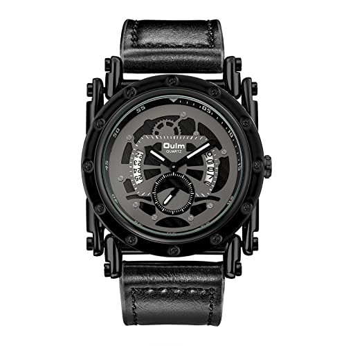 JewelryWe Herrenuhr Analog Quarz Datum Kalender Skelett Armbanduhr Männer Leder Armband Casual Sport Uhr Punk Schwarz von JewelryWe