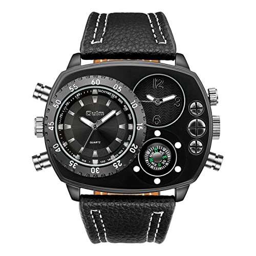 JewelryWe Herrenuhr Analog Quarz Kompass Zwei Zeitzone Armbanduhr Männer Leder Armband Übergroße Uhr Sportuhr mit großem Rechteckigen Zifferblatt Schwwarz von JewelryWe