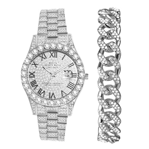 JewelryWe Herrenuhr Armband Set: 2pcs Silber Iced Out Uhr und Armband Schmuckset für Männer Frauen Glitzer Strass Metallarmband Kalender Analog Quarz Armbanduhr Bling Diamant Panzerkette Armkette von JewelryWe
