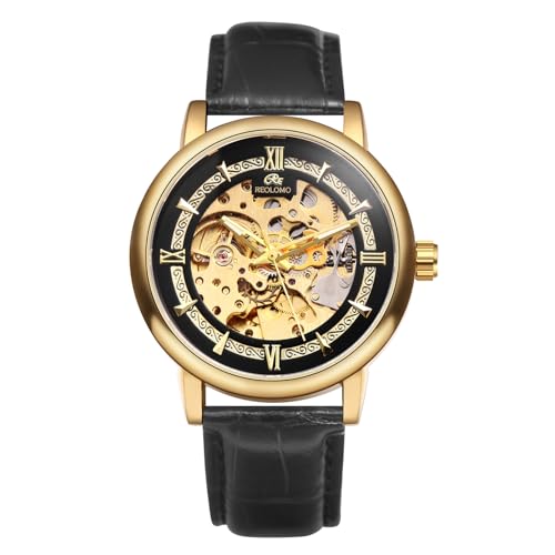 JewelryWe Herrenuhr Automatik Mechanische Uhr: 30m wasserdicht Analog Automatische Armbanduhr Automatikuhr Herren Schwarz Echtes Lederarmband Skelett Uhr mit Gold Rundem Gehäuse von JewelryWe