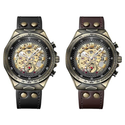 JewelryWe Herrenuhr Automatik Uhr mit Lederarmband: 2 Stück Vintage Steampunk 3ATM Wasserdicht Automatische Mechanische Armbanduhr Herren Echtleder Armband Skelett Automatikuhr mit Römischen Ziffern von JewelryWe