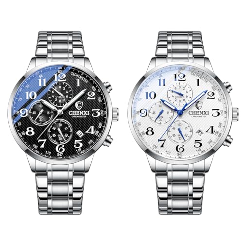 JewelryWe Herrenuhr Chronograph Leuchtende Uhr: 2pcs 30m Wasserdicht Analog Quarz Armbanduhr Herren Edelstahl Armband DREI Augen Multifunktionale Uhr mit Kalender, Stoppuhr, Leuchtzeiger von JewelryWe