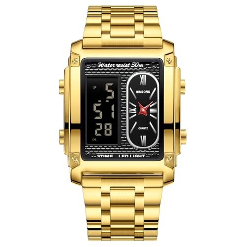 JewelryWe Herrenuhr Chronograph Multifunktional Uhr: 30m Wasserdicht Militär Analog Digital Armbanduhr Herren Gold Edelstahl Rechteckig Digitaluhr Sport Uhr mit LED Multizeit Kalender Wecker Stoppuhr von JewelryWe