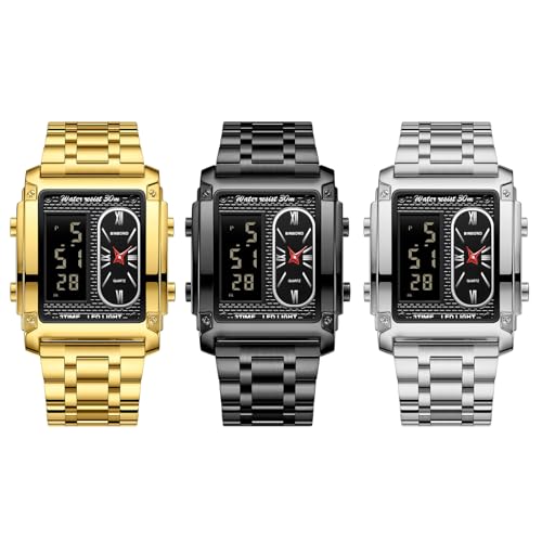 JewelryWe Herrenuhr Chronograph Multifunktional Uhr: 3pcs 30m Wasserdicht Militär Analog Digital Armbanduhr Herren Edelstahl Rechteckig Digitaluhr Sport Uhr mit LED Multizeit Kalender Wecker Stoppuhr von JewelryWe