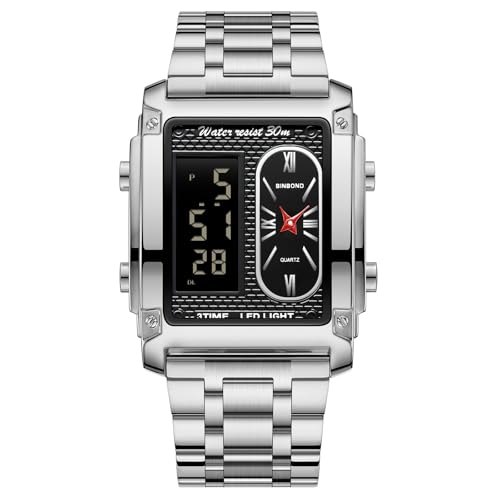 JewelryWe Herrenuhr Chronograph Multifunktional Uhr: Silber Wasserdicht Militär Analog Digital Armbanduhr Herren Edelstahl Rechteckig Digitaluhr Sport Uhr mit LED Multizeit Kalender Wecker Stoppuhr von JewelryWe