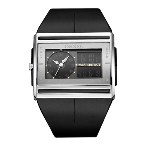 JewelryWe Herrenuhr Digital Quarz Armbanduhr: 3ATM Wasserdicht Analog Digitaluhr Herren Schwarz Silikonarmband Rechteckig Sport Militär Taktische Uhr mit LED Beleuchtung, Chronograph, Alarm, Kalender von JewelryWe