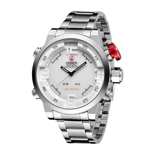 JewelryWe Herrenuhr Digital Quarz Uhr: 30m Wasserdicht Analog Armbanduhr Digitaluhr Herren Edelstahl Groß Militär Sport Uhr mit 12/24H Anzeige LED Licht Kalender Chronograph Alarm weiß Zifferblatt JewelryWe Herrenuhr Digital Quarz Uhr: 30m Wasserdicht Analog Armbanduhr Digitaluhr Herren Edelstahl Groß Militär Sport Uhr mit 12/24H Anzeige LED Licht Kalender Chronograph Alarm weiß Zifferblatt von JewelryWe