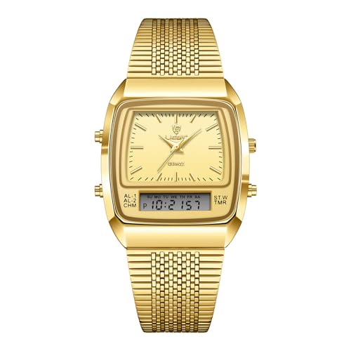 JewelryWe Herrenuhr Digital Quarz Uhr: 30m Wasserdicht Analog Armbanduhr Digitaluhr Herren Gold Edelstahl Armband Chronograph Uhr mit Rechteckigem Zifferblatt, Kalender, Wecker, Stoppuhr, Dualzeit von JewelryWe