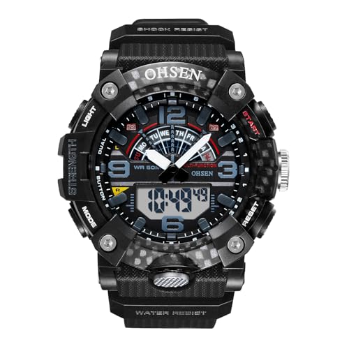 JewelryWe Herrenuhr Digital Quarz Uhr: 30m Wasserdicht Analog Armbanduhr Digitaluhr Herren Schwarz Silikon Armband Groß Militär Sport Uhr mit LED Licht, Kalender, Alarm, Stoppuhr, Leuchtzeiger von JewelryWe