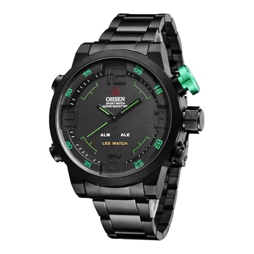 JewelryWe Herrenuhr Digital Quarz Uhr: 3ATM Wasserdicht Analog Armbanduhr Digitaluhr Herren Schwarz Edelstahlarmband Sport Militär Taktische Uhr mit Grün Skala, LED Licht, Chronograph, Alarm, Kalender von JewelryWe