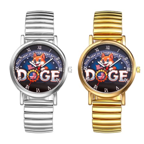 JewelryWe Herrenuhr Doge Elastische Uhren: 2pcs Musks Department of Government Efficiency Analog Quarz Armbanduhr Herren Damen Edelstahl Stretch Armband Uhr mit Zugarmband & Römischen Zahlen von JewelryWe