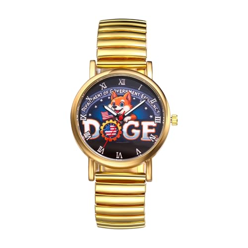 JewelryWe Herrenuhr Doge Elastische Uhren: Musks Department of Government Efficiency Analog Quarz Armbanduhr Herren Damen Gold Edelstahl Stretch Armband Uhr mit Zugarmband & Römischen Zahlen von JewelryWe