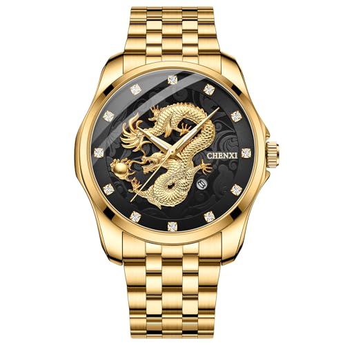JewelryWe Herrenuhr Drachen Edelstahl Uhr: 30m Wasserdicht Kalender Analog Quarz Armbanduhr Herren Gold Edelstahlarmband Leuchtende Uhren mit Schwarz Diamantskala Zifferblatt und Leuchtzeiger von JewelryWe